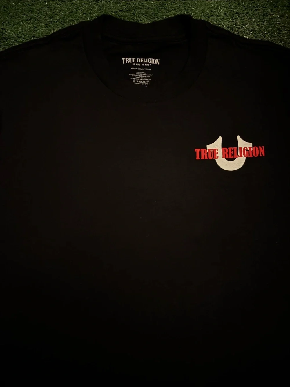True Religion Black Short Sleeve Tee with Red & White Logo